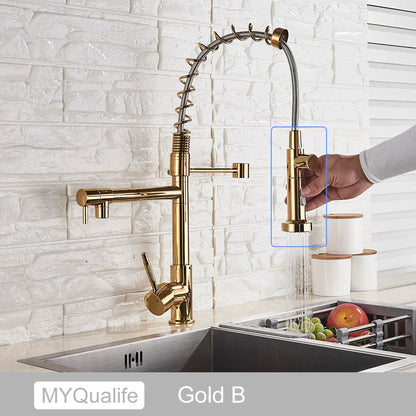 Grifo de cocina DecorBites™ de latón negro con doble caño, rotación de 360°, montaje sobre encimera