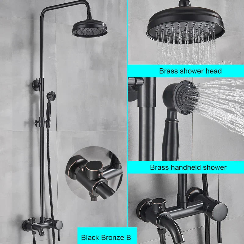 DecorBites™ Black Bathroom Shower Faucet Mixer with 8" Rainfall Shower, Wall Mount Tub Spout