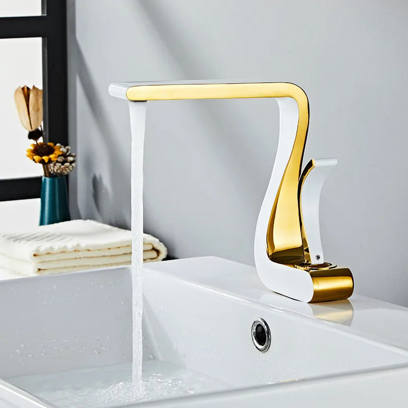 Decorbites™ Grifo de Lavabo Dorado y Blanco: Grifo Mezclador de Latón Moderno para Lavabo de Baño