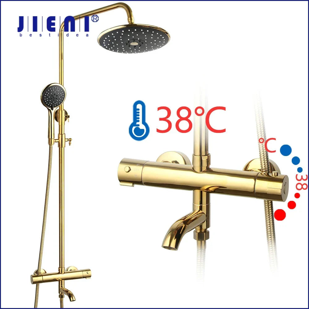 DecorBites™ Gold Plated Thermostatic Shower Faucet Set with 8" Rainfall Head