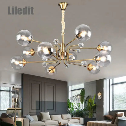 DecorBites™ Gold Glass Ball Chandelier LED Lighting for Living Room, Kitchen, Bedroom