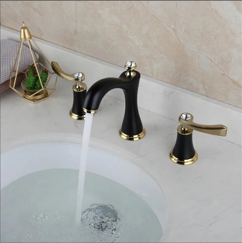 DecorBites™ Black & Gold Brass Bathroom Sink Faucets Double Handle Waterfall Faucet