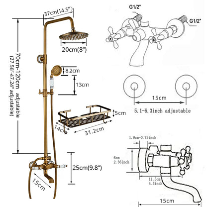 DecorBites™ Brass Antique Dual Handle Shower Faucet Set with Handshower Shelf