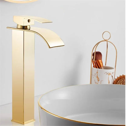 DecorBites™ Gold Waterfall Basin Faucet: Brass Bathroom Mixer Tap, Hot Cold Sink Faucet
