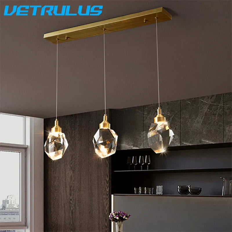 DecorBites™ Diamond Crystal LED Chandelier, Brass Ceiling Pendant Light for Dining Room