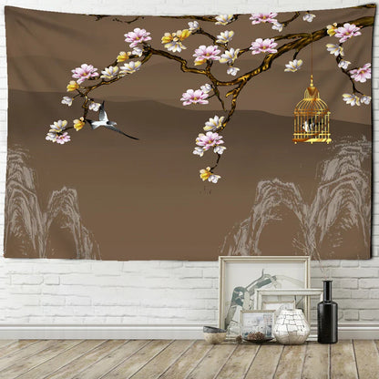 Decobites Peach Blossom Birdcage Lotus Tapestry Wall Hanging