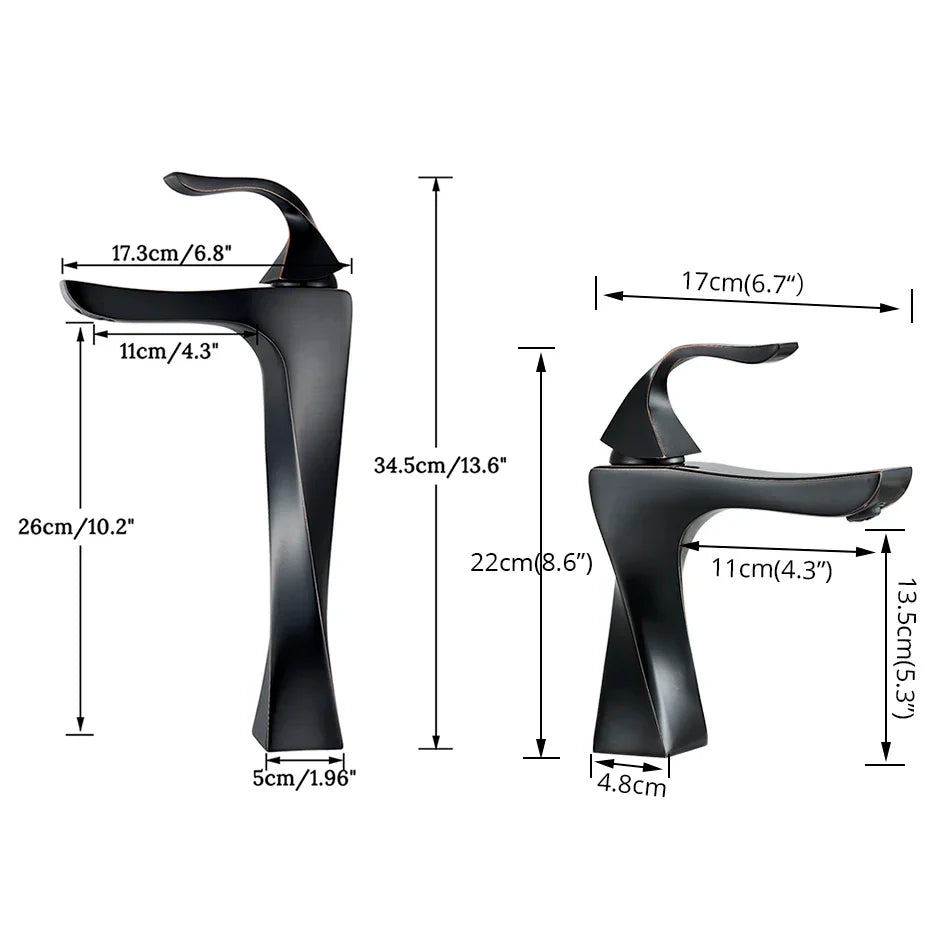 Modern gold angular basin faucet bathroom fixture featuring a black matte-finish decorbites black bronze waterfall basin faucet with sleek angular design and curved spout.