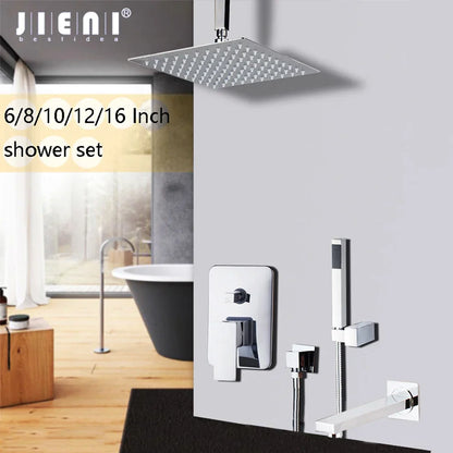DecorBites™ 8/16 Inch Chrome Shower Set with Rainfall Head, Ceiling Mount Mixer, Brass Faucet
