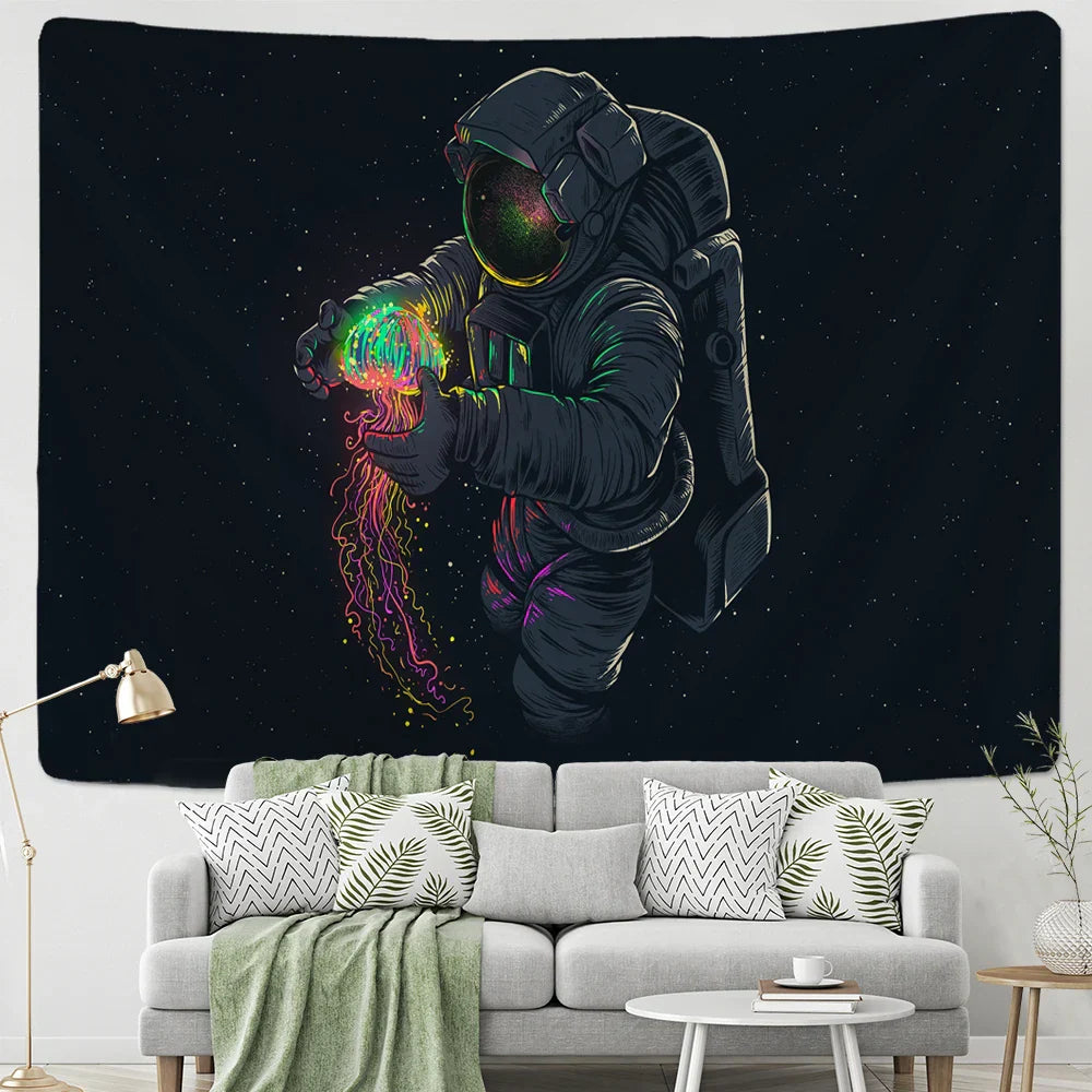 DecorBites™ Jellyfish Interstellar Sky Tapestry Wall Hanging: Astronaut Design for Boho Dorm Decor