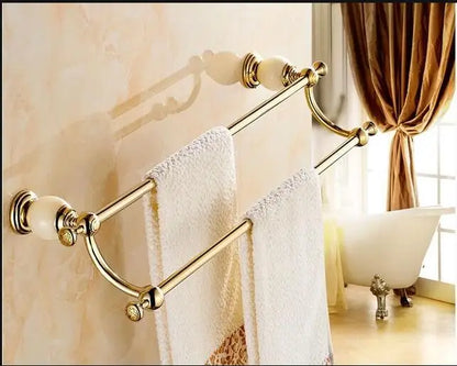 DecorBites™ Brass Jade Bathroom Hardware Set: Corner Shelf, Paper Holder, Towel Bar, Soap Basket, Rack.