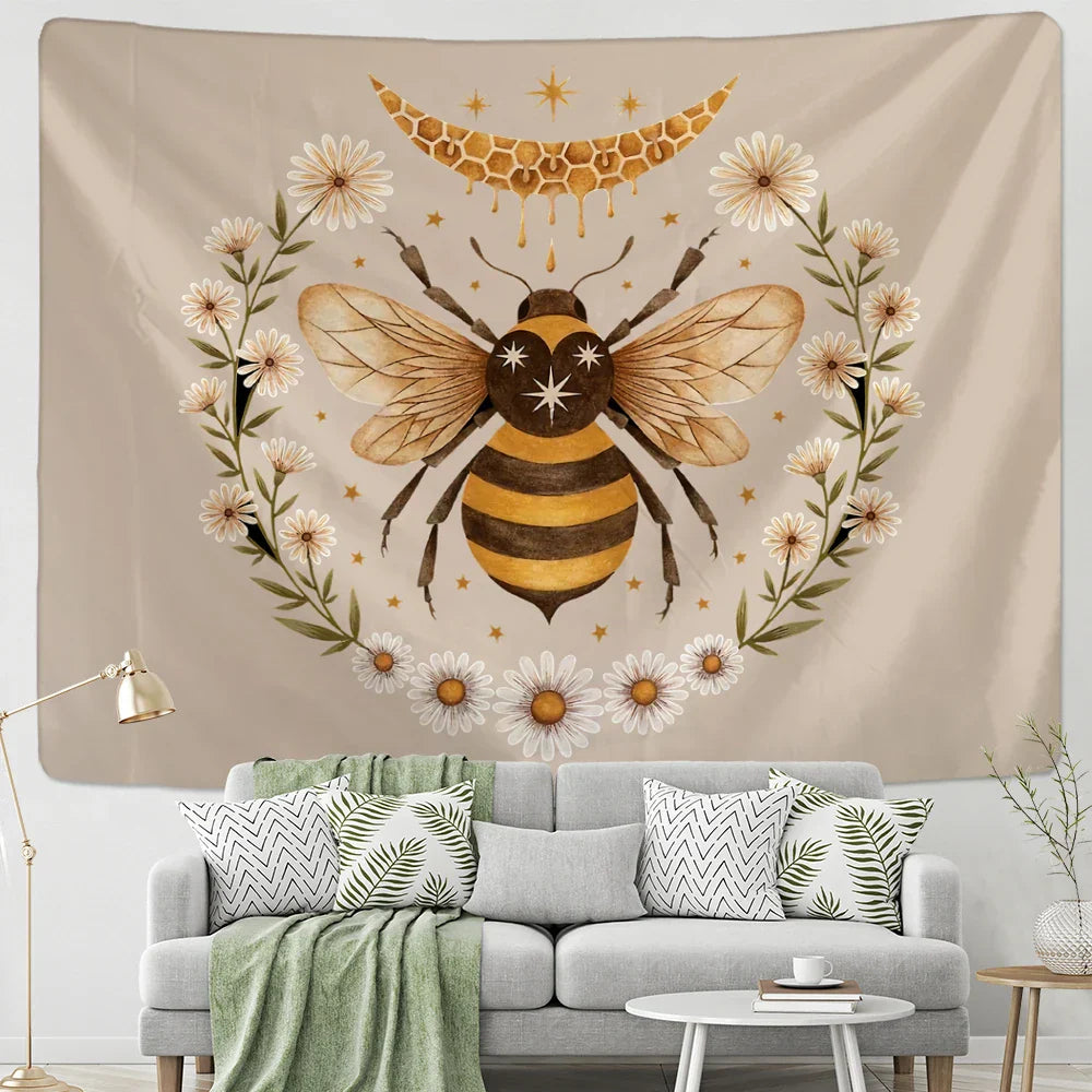 Decobites Psychedelic Bee Tapestry Wall Daisy Flower Home Decor for Bohemian Hippie Vibes