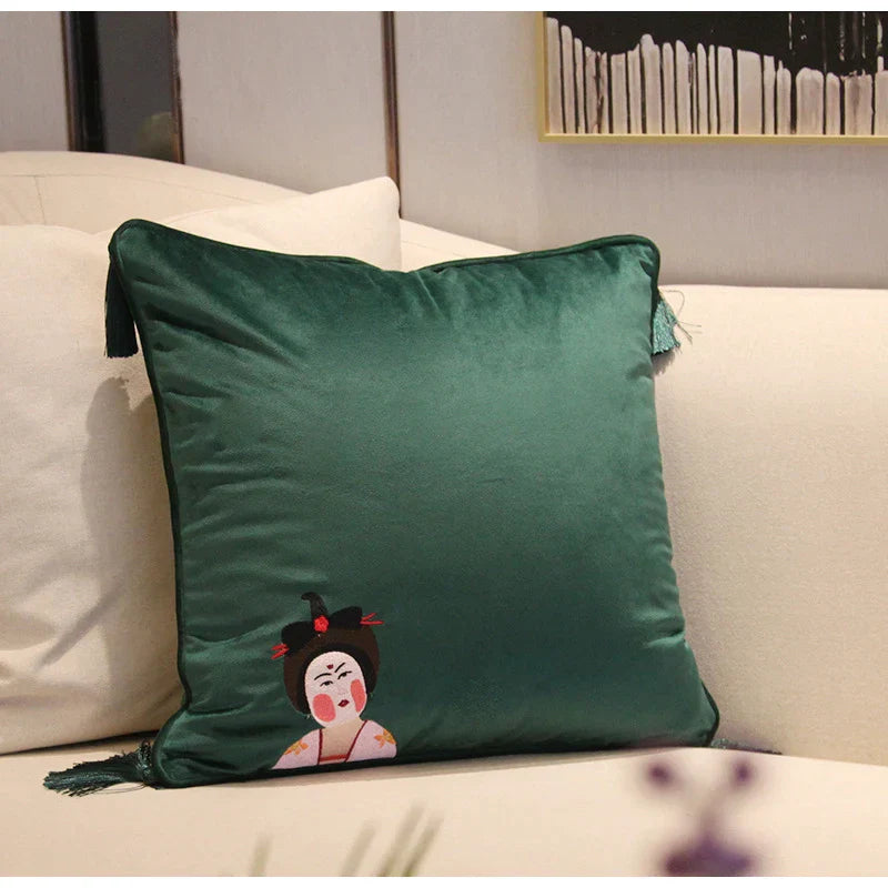 DecorBites™ Chinoiserie Tang Dynasty Lady Embroidered Cushion Cover for Sofa