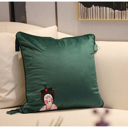 DecorBites™ Chinoiserie Tang Dynasty Lady Embroidered Cushion Cover for Sofa