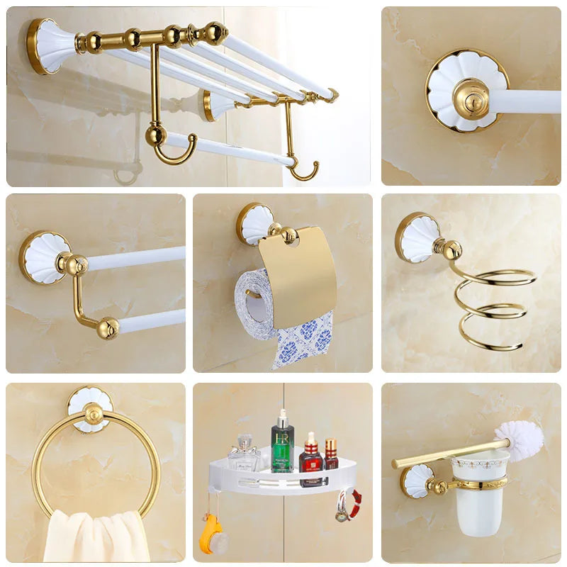 DecorBites™ Gold & White Bathroom Accessories Set: Corner Shelf, Paper Holder, Towel Holder, Toilet Brush Holder, Towel Rack