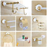 Conjunto de Accesorios para Baño Decorbites™ Oro y Blanco: Estante de Esquina, Soporte para Papel, Soporte para Toallas, Soporte para Cepillo de Inodoro, Perchero para Toallas