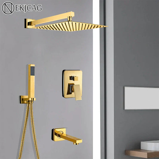 DecorBites™ Golden Bathroom Shower Set with Square Rainfall Head and Concealed Mixer Taps