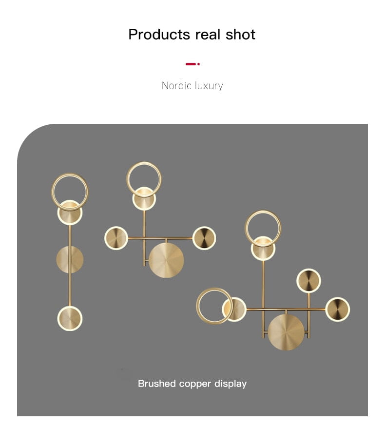 Brushed copper geometric led wall lamp with interconnected circles and rods designed for modern living room decor.