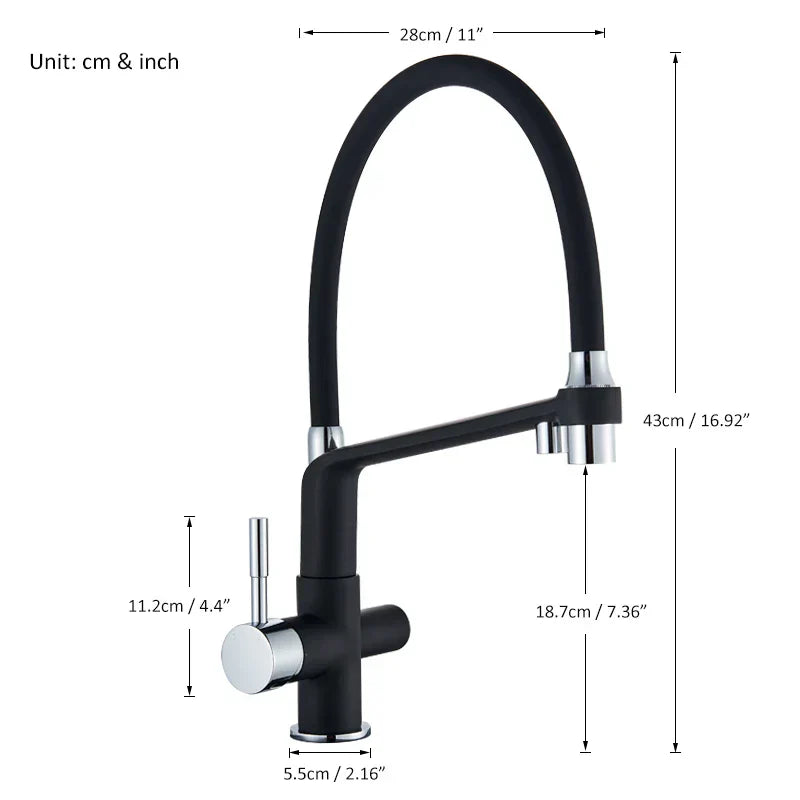 Grifo de cocina Decorbites™ en cromo negro con rotación de 360° y extracción para agua filtrada