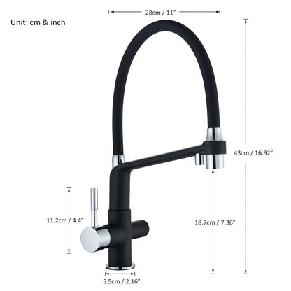 Grifo de cocina Decorbites™ en cromo negro con rotación de 360° y extracción para agua filtrada