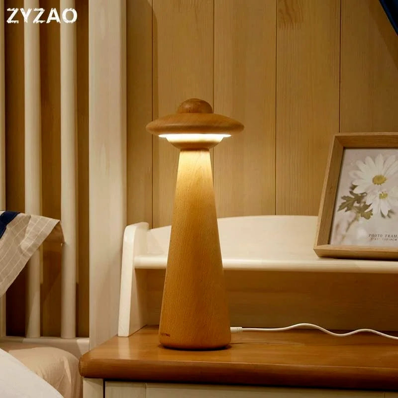 DecorBites™ Kids UFO Wood LED Table Lamp: Modern, Dimmable, Cartoon Design, Ideal for Children's Bedroom