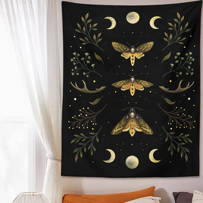 Decobites Moon Phase Wall Hanging Tapestry in Olive Leaf Green & Black - Boho Room Decor