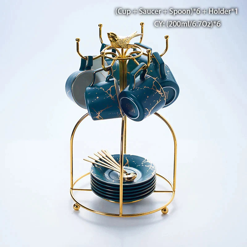 Juego de té DecorBites™ de cerámica de mármol de 200 ml con cuchara y platillo