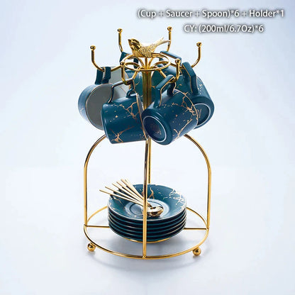 Juego de té DecorBites™ de cerámica de mármol de 200 ml con cuchara y platillo