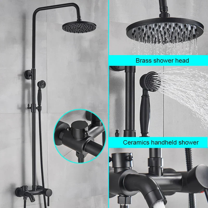 DecorBites™ Black Bathroom Shower Faucet Mixer with 8" Rainfall Shower, Wall Mount Tub Spout