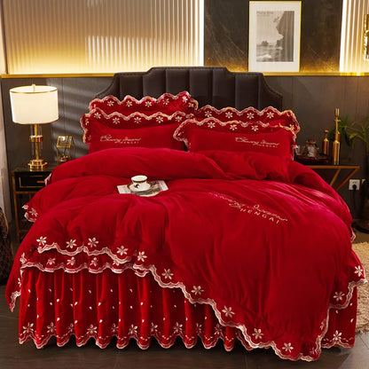 Decobites Velvet Bedding Set with Gold Embroidery & Ruffles