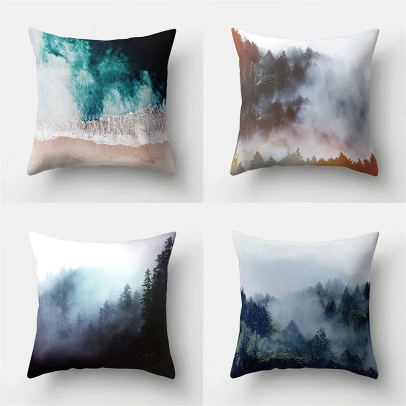 Funda de almohada DecorBites™ con hojas tropicales verdes y diseño de bosque - Decoración natural de olas del océano y montañas