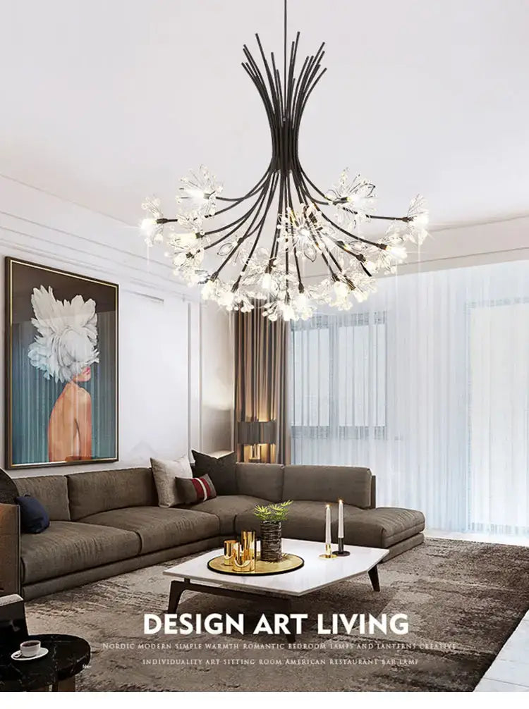 black metal led flowers chandelier with delicate flower-like crystal accents for dining room lighting