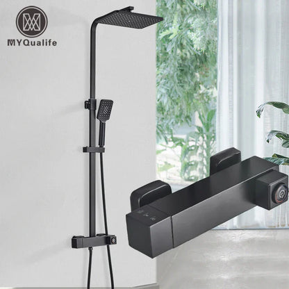 DecorBites™ Black Brass Shower Faucet with 8" Rainfall Shower Head and Tub Spout