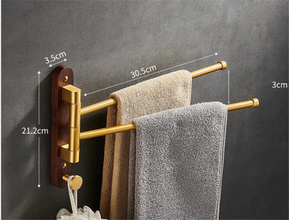 DecorBites™ Brushed Gold Wood Swivel Towel Hanger Wall Mounted Folding Bathroom Towel Bar