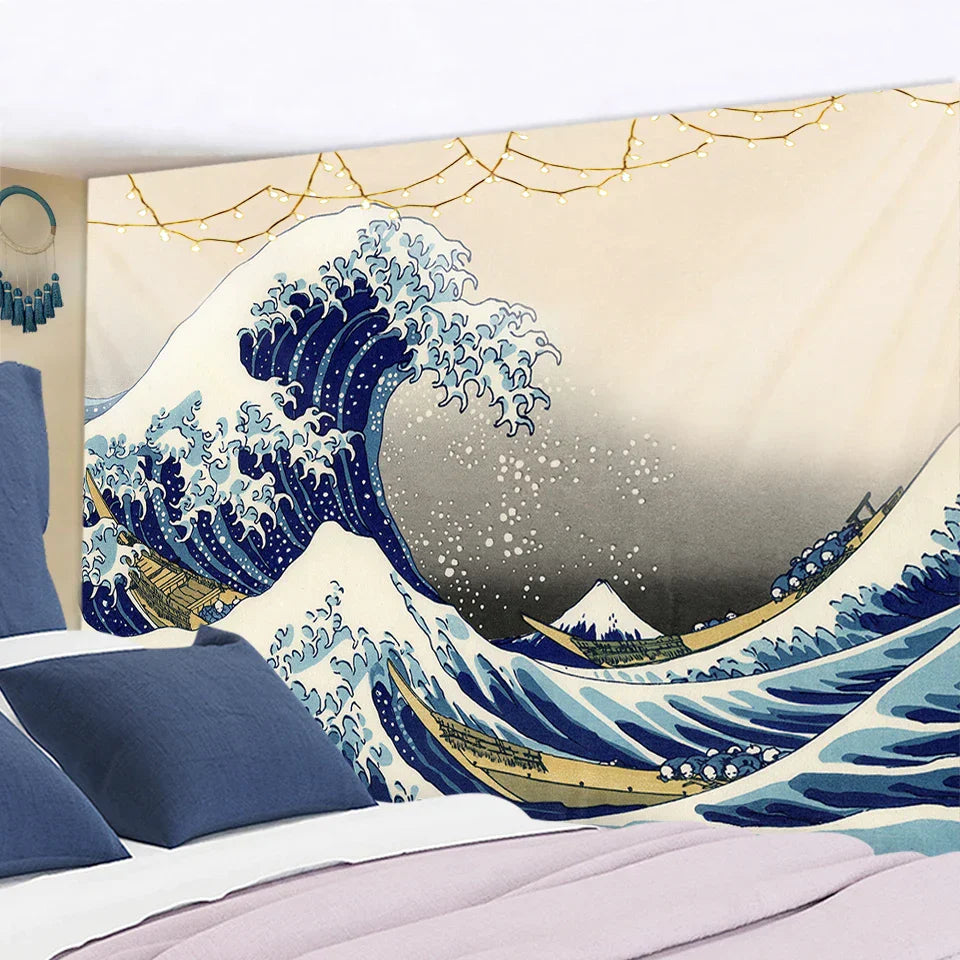 Decorbites™ Tapiz Colgante de Olas de Kanagawa: Tapices de Pared con Sol Boho, Cobertor de Cama, Esterilla de Yoga