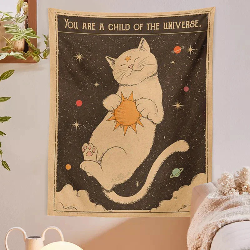 Decobites Tarot Cat Sun Moon Wall Hanging Tapestry for Boho Home Decor