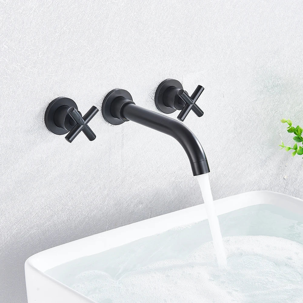 Gold Wall Basin Faucet Dual-Handle Brushed Gold