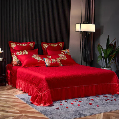 Decobites Red Chinese Wedding Style Bedding Set with Gold Loong Phoenix Embroidery