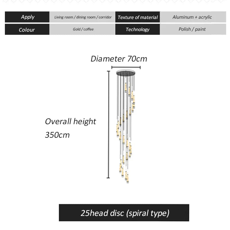 DecorBites™ LED Spiral Chandelier Black Chrome Gold Pendant Light Modern Stairwell Lighting