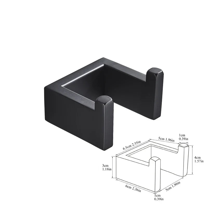 مجموعة أدوات الحمام السوداء من DecorBites™: خطاف رداء، قضيب مناشف، رف، حامل مناديل، منظم فرشاة أسنان