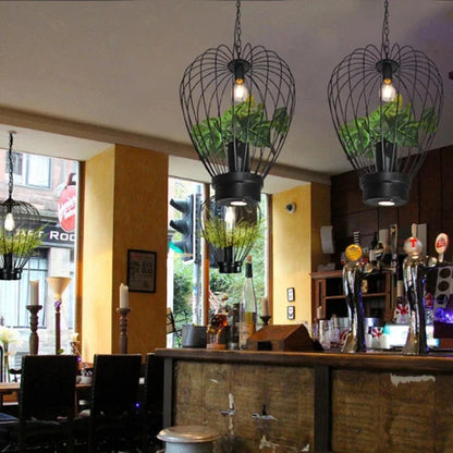 Lámpara de araña DecorBites™ con forma de jaula para pájaros y plantas verdes: Lámpara colgante de estilo industrial retro