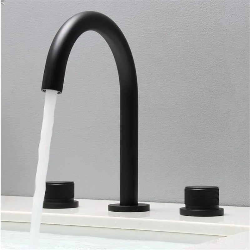 DecorBites™ Black & Brushed Gold Basin Faucets: Total Brass 3-Hole Waterfall Sink Faucet