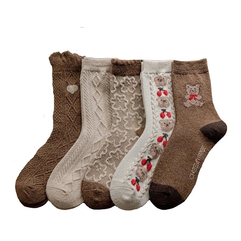 Cute Bear Socks Women High Wool Keep Warm Brown Winter Sock Fuffy Funny Lovely Kawaii Cartoon Christmas Gift Thermal Size 35-40