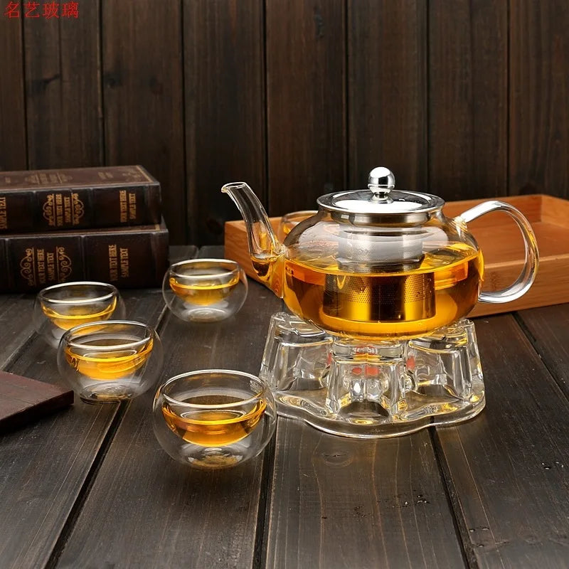 DecorBites™ Glass Teapot Set with Stainless Steel Strainer - Heat Resistant Pot for Tea and Coffee