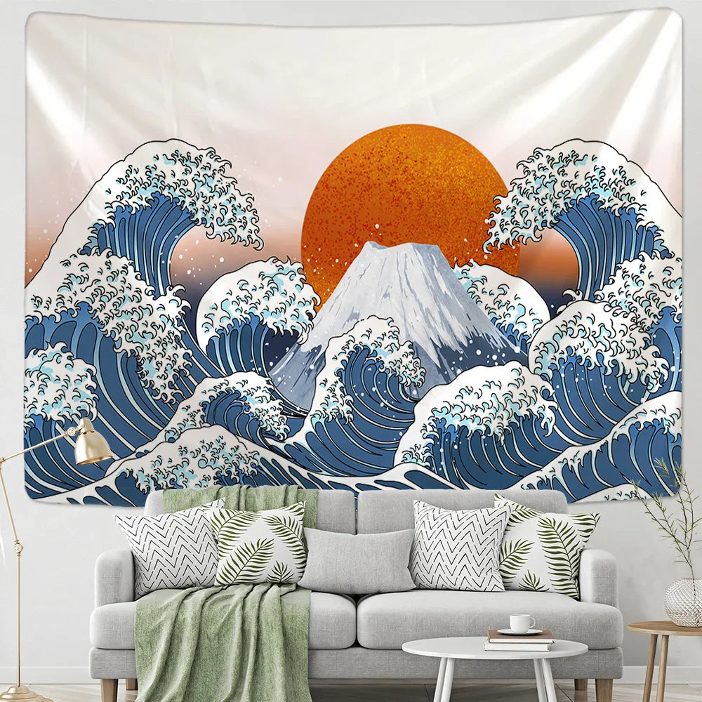 DecorBites™ Kanagawa Waves Hanging Tapestry: Boho Sun Wall Tapestries, Bedspread, Yoga Mat