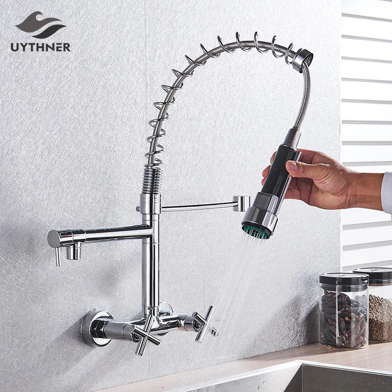 Decorbites™ Grifo de Cocina Dorado Negro de Montaje en Pared con Extracción y Dos Caños Giratorios