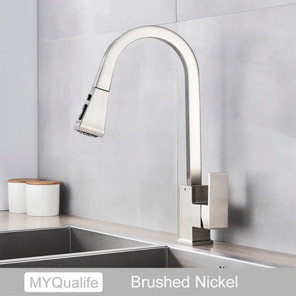 DecorBites™ Black Kitchen Faucet Pull Out Mixer Square Single Handle Deck Mounted Tap