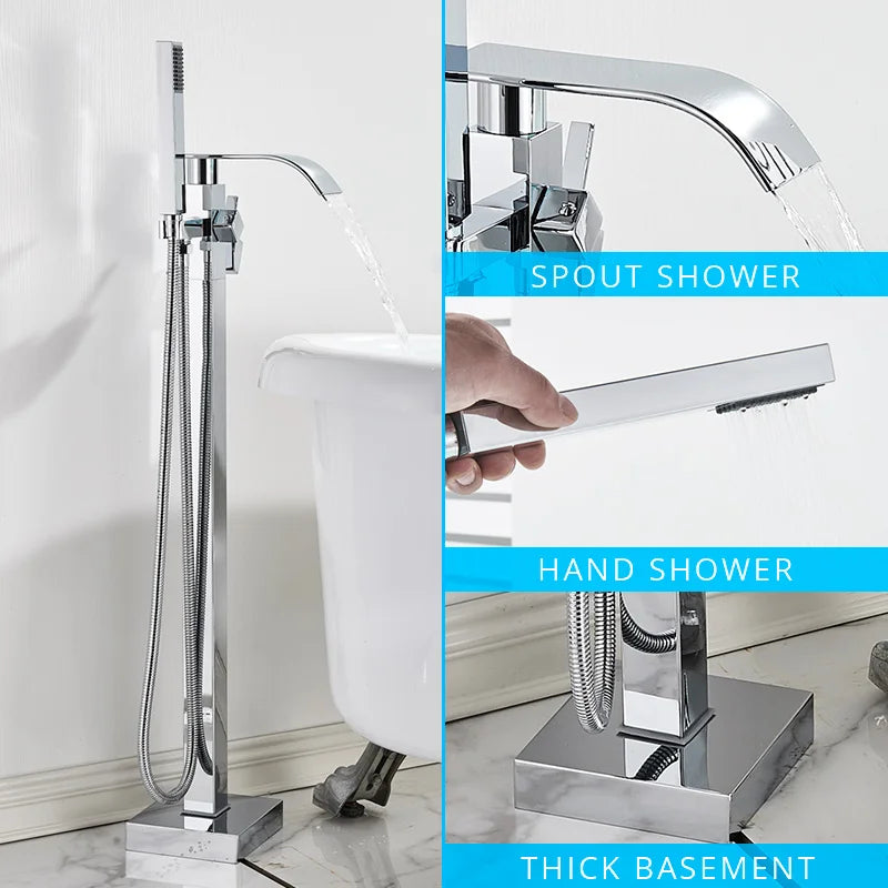 Juego de Grifos para Bañera de Oro Decorbites™ Mezclador de Ducha de Agua Caliente y Fría Grifo de Cascada Soporte de Suelo