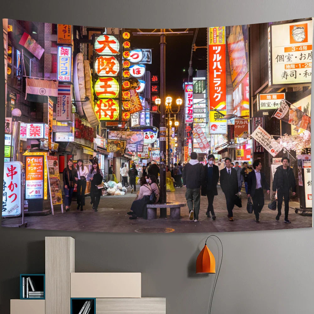 Decobites Tokyo Nightlife Tapestry: Japanese Wall Hanging Bohemian Decorative Sheet