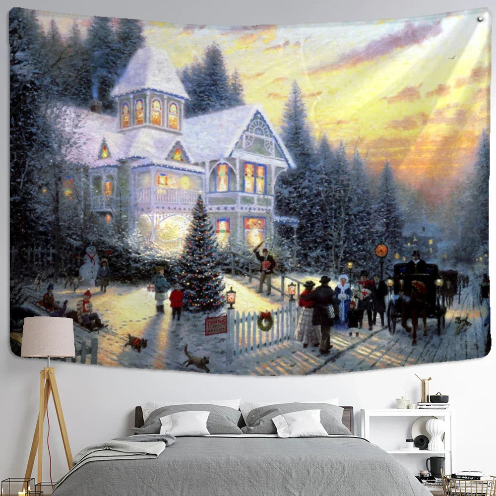 Snow Scene Oil Painting Tapestry Wall Hanging for Home Decor by Decobites