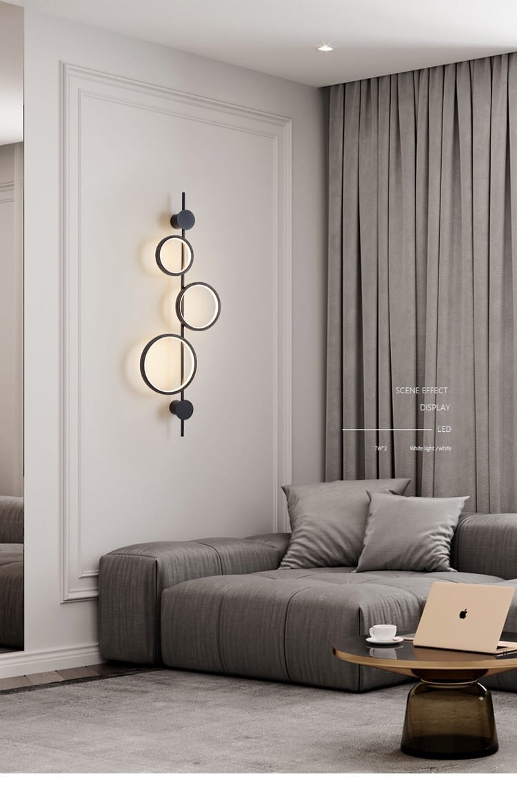 Modern black linear long led wall light living room sconce featuring a circular design with three glowing rings, ideal as a nordic linear long led wall fixture.